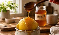A jar of local raw honey being poured on a kitchen table